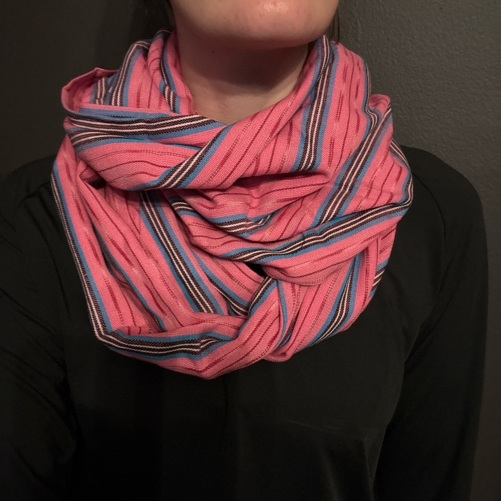 Pink and blue striped infinity scarf made from up-cycled textiles